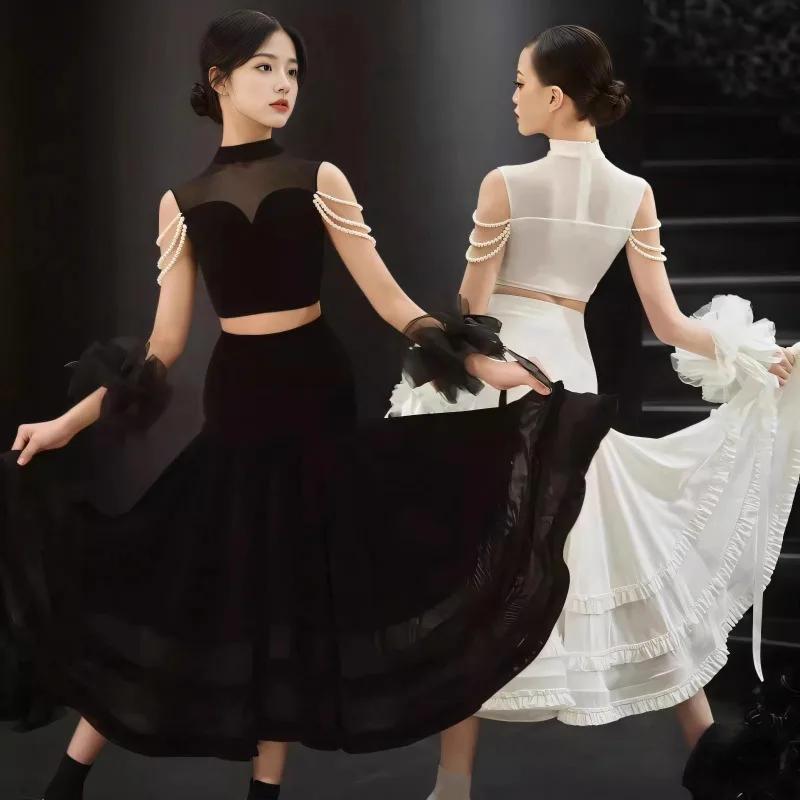 

Customized Girls' Latin Dance Suit Practice Dress New Pearl Mesh Velvet Hollow Top Split Short Skirt Ballroom Dress Standard