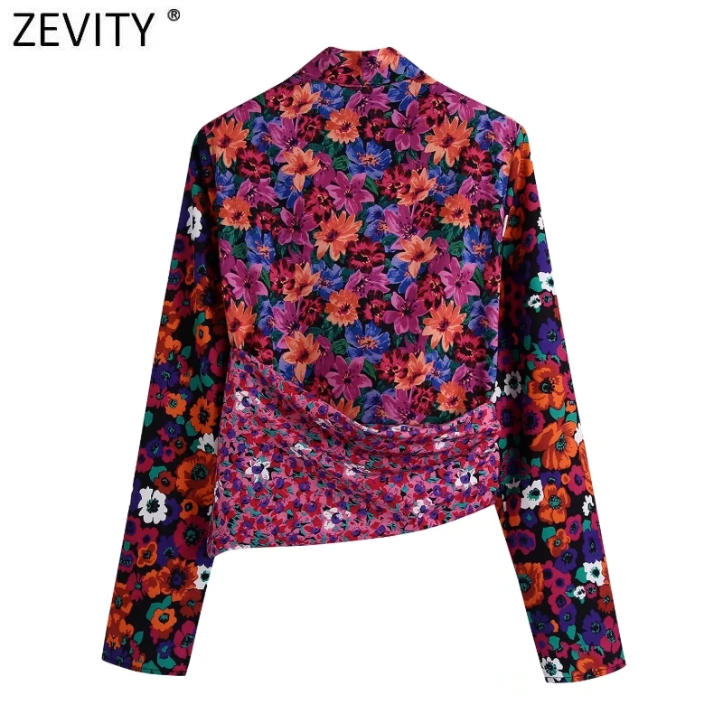 Zevity Women Vintage Cross V Neck Patchwork Floral Print Slim Short Blouses Lady Chic Long Sleeve Retro Shirt Blusas Tops LS9739