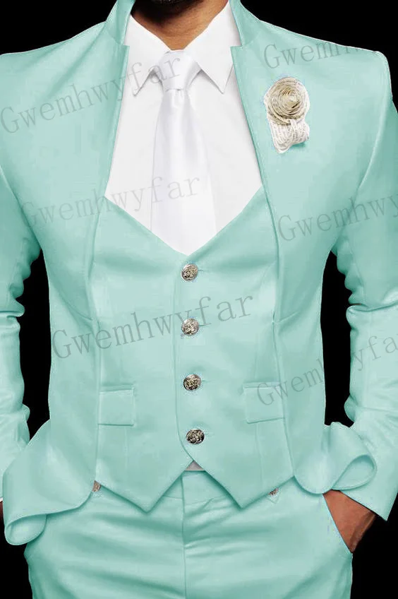 

Gwenhwyfar Fashion Men's Casual Boutique Mint Green Stand Up Collar Chinese Style Suit Slim Fit Blazers Jacket Coat Pants Vest