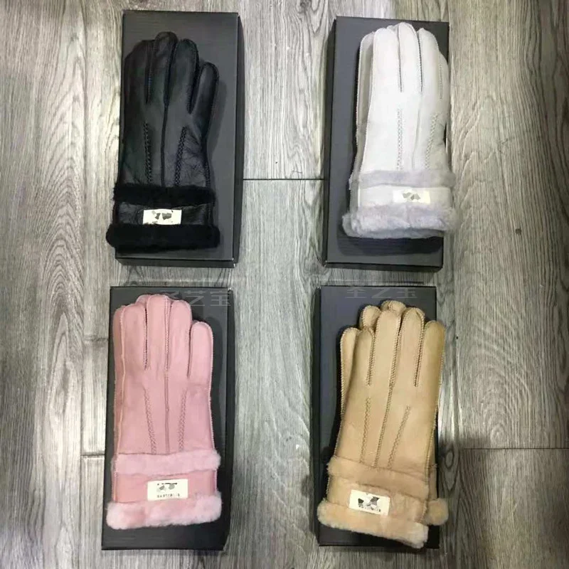 

Warm winter women's all - in - one sheepskin leather gloves with wool lining, wind and cold resistant, fur color