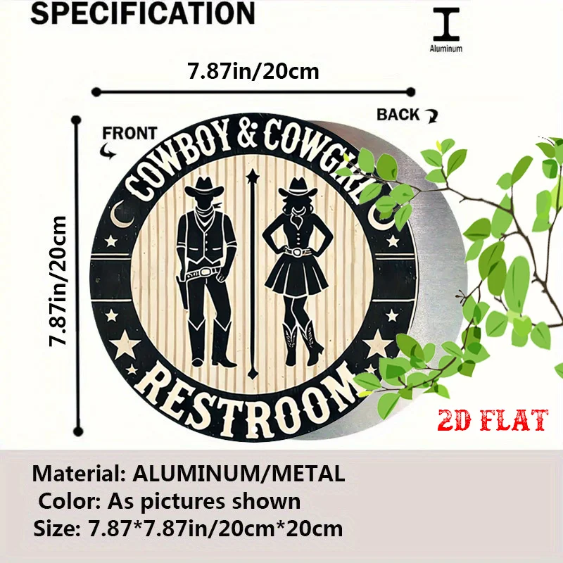 2D Flat, 1pc Vintage Western Cowboy & Cowgirl Restroom Sign - Rustic Metal Wall Decor with Cowboy & Cowgirl Illustrations, 7.8x7