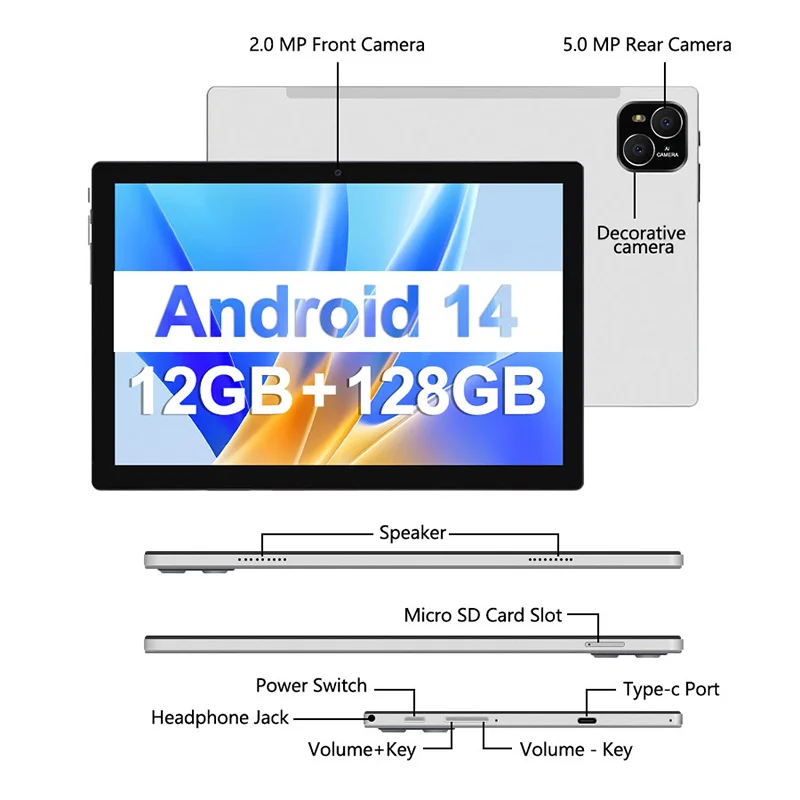 ATMPC 10.1 Inch Tablet PC Android 14, 12GB RAM, 128GB ROM, Octa-Core Processor, 1280*800 IPS Screen, BT 5.4, 2.4GHz/5GHz WIFI 6