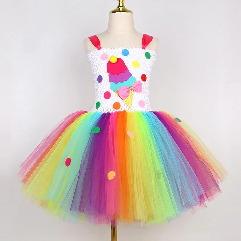Candy Rainbow Tulle Dress for Girls,  Ice Cream Print Tutu Gown,  Outfit for Children’s Day, Christmas and Birthday Parties