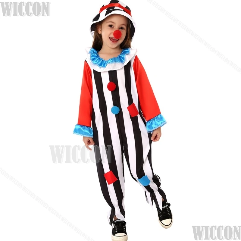 2024 New Christmas New year Carnival Kid Children Jumpsuit Red Striped Clown Cosplay Suit Unisex Performance Costume Customized