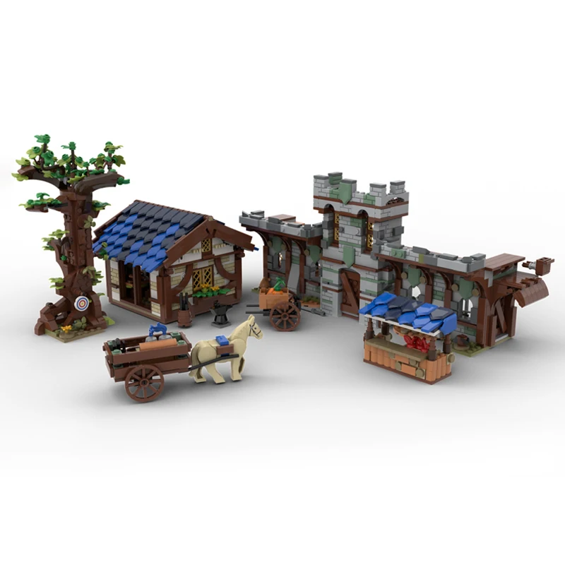 Middeleeuws kasteelmodel MOC Bouwstenen Stadsmarkt en huis Modulaire technologie Geschenken Vakantie Monteer kinderspeelgoed Pak