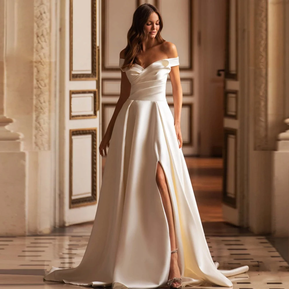 Abiti da sposa classici senza spalline con spalle scoperte scollo A cuore da sposa cresciuto lunghezza del pavimento fessura in raso una linea Vestidos De Novia