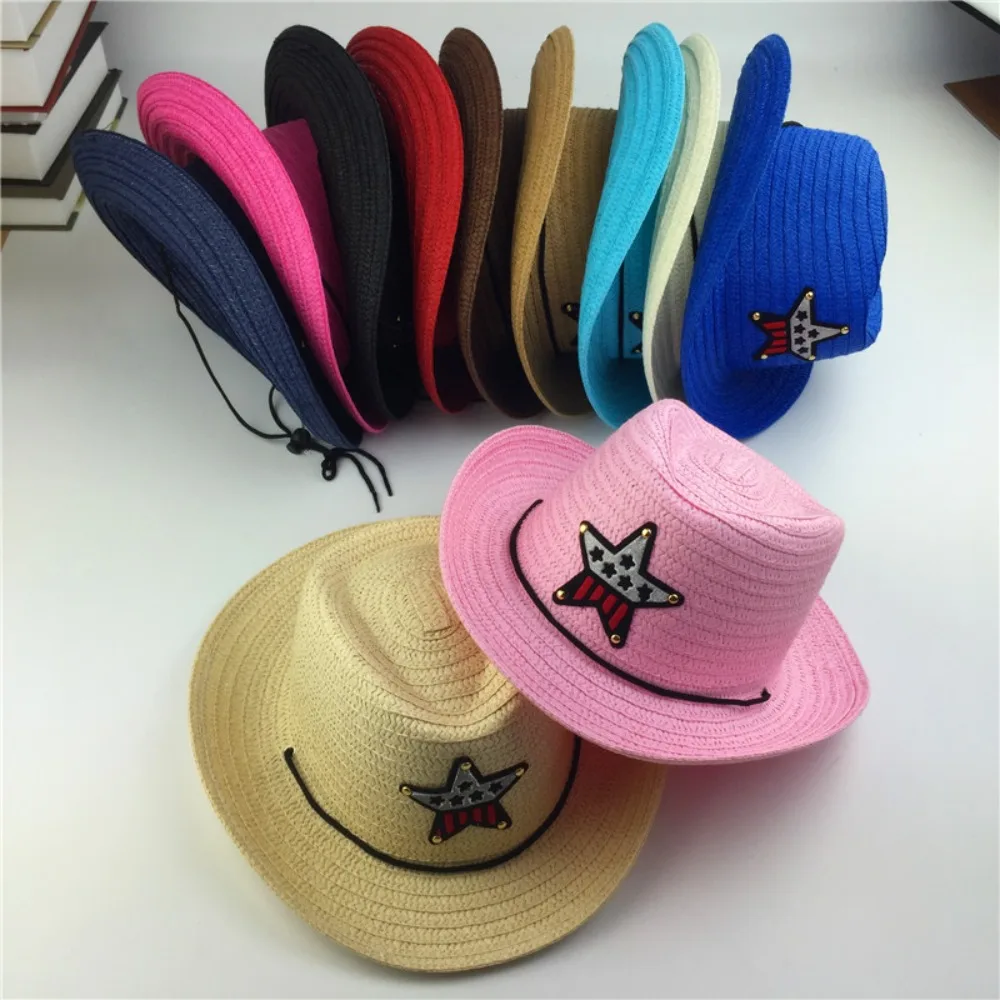 Kids Boys Girls Summer Breathable Cowboy Hat Straw Sun Cap Children Hats Pentagram Hat Fishman Hat Jazz Hat Bucket Hat