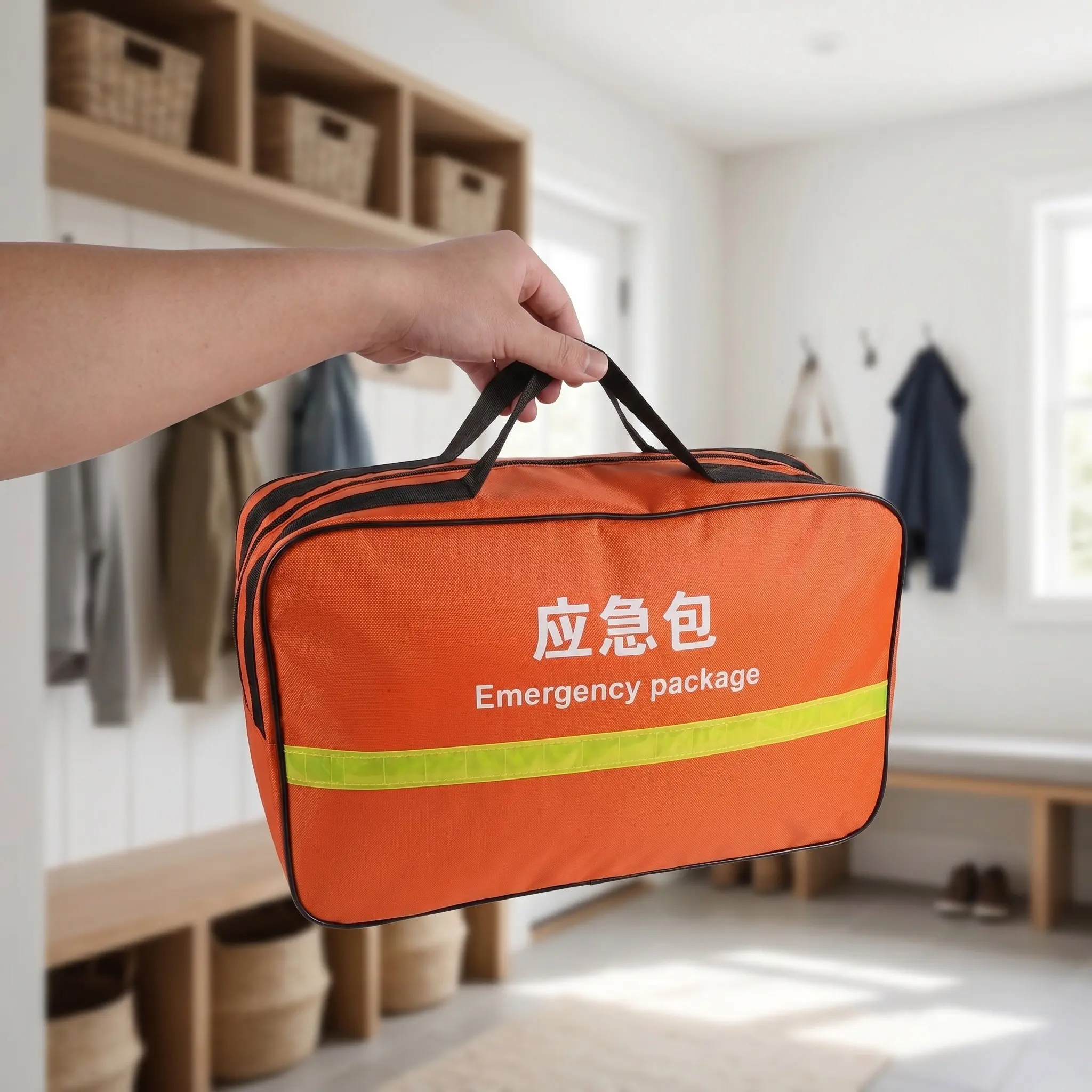 緊急時用ハンドバッグ、持ち運び可能な32x24x14cmのサイズ、アウトドア用救急キット収納バッグ、サバイバルや緊急時の備品収納に。