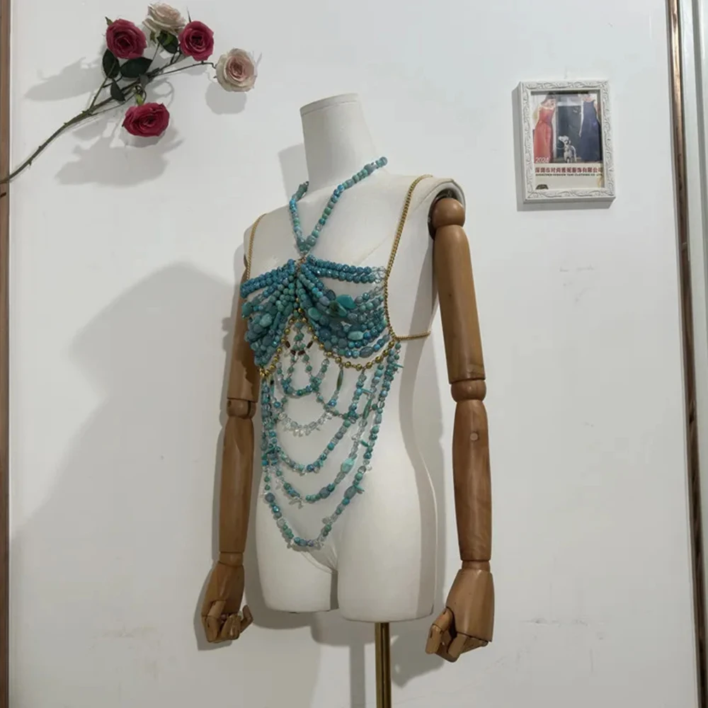 Women's Handmade Turquoise Lavender Multi-Stone Beaded Body Chain Backless Neck Beaded Bustier Bikini Tankini Swimwear Lingeie