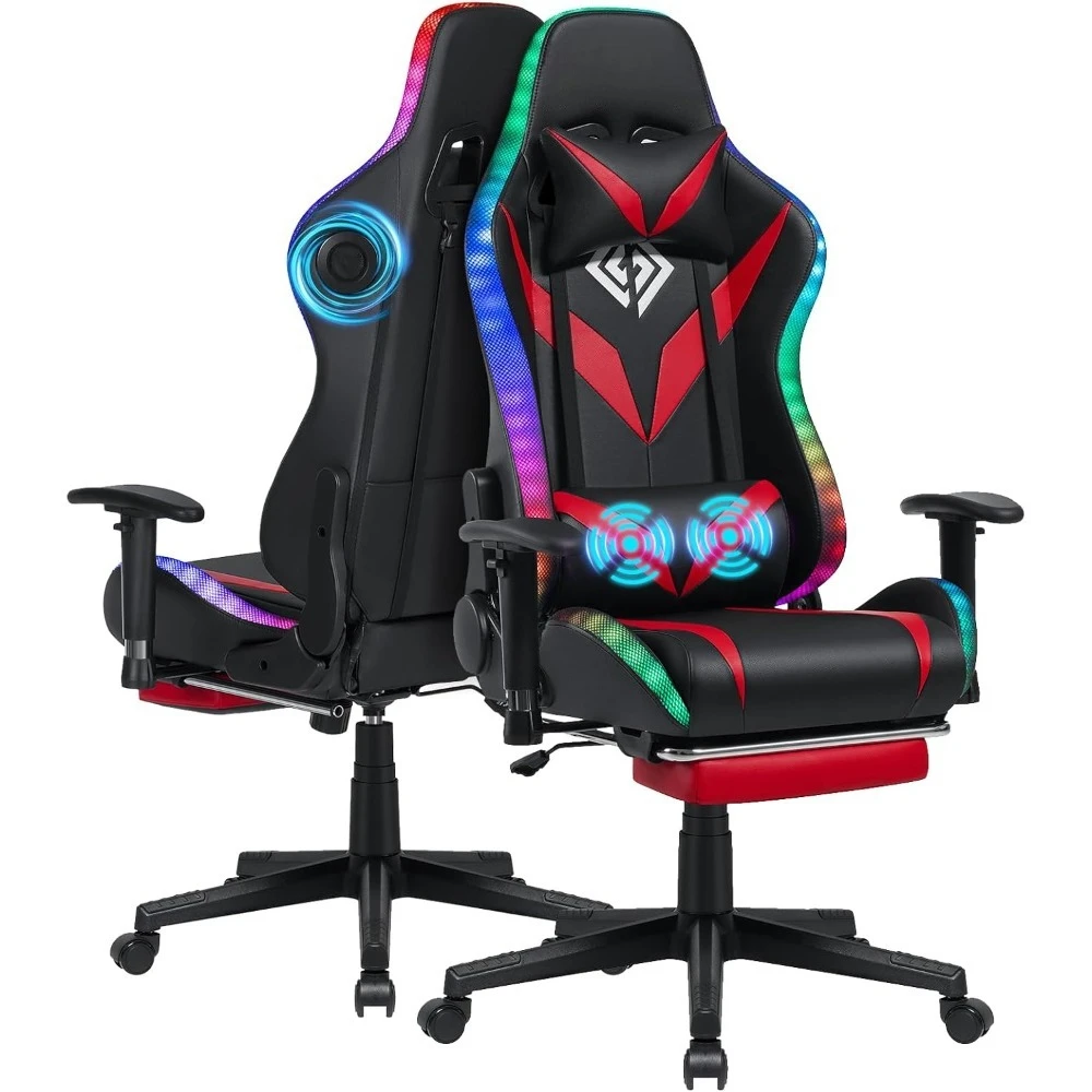 

Gaming Chair with Bluetooth Speakers and Led Lights Massage,with Footrest Reclining High Back Computer Gamer Chair