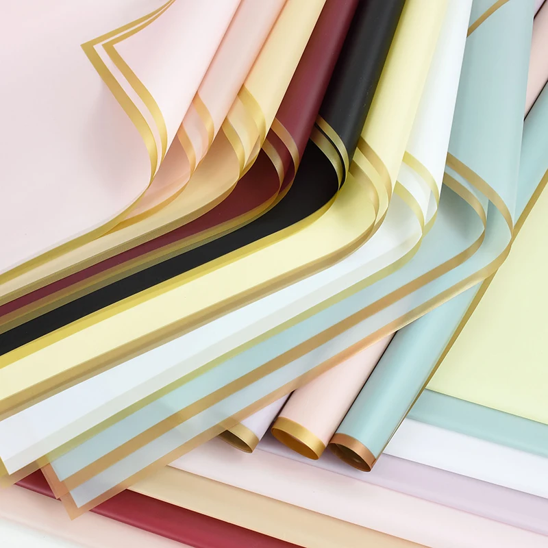 Papel de embrulho de flores com borda dourada, 5 peças, meio transparente, embalagem de presente, buquê de florista, papel de embrulho, casamento, aniversário, artesanato diy