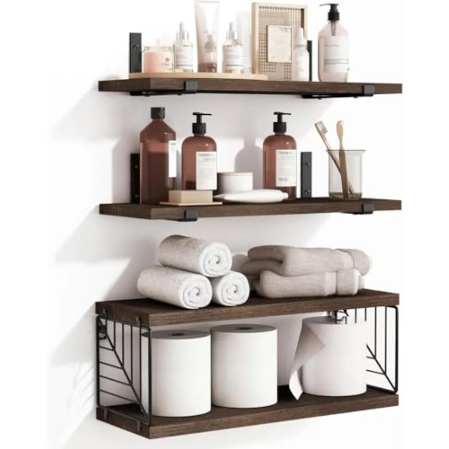 

3+1 Tier Bathroom Floating Shelves Over Toilet 15.8in Farmhouse Rustic Wood Shelves Dark Brown Wall Decor for Bathroom Living R
