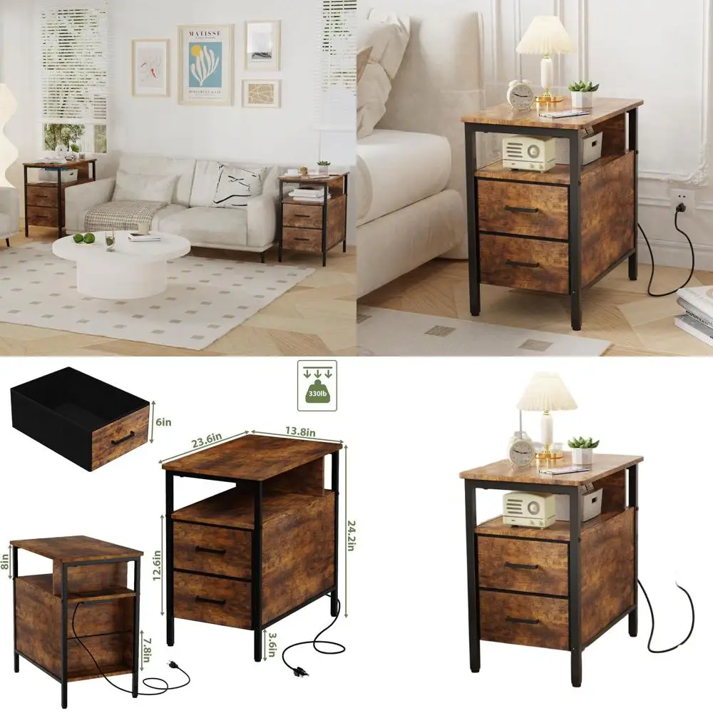 

Торцевой столик для зарядной станции, тонкий тканевый столик с 2 ящиками и полкой для хранения, USB и розеткой, коричневый в деревенском стиле для компактных помещений