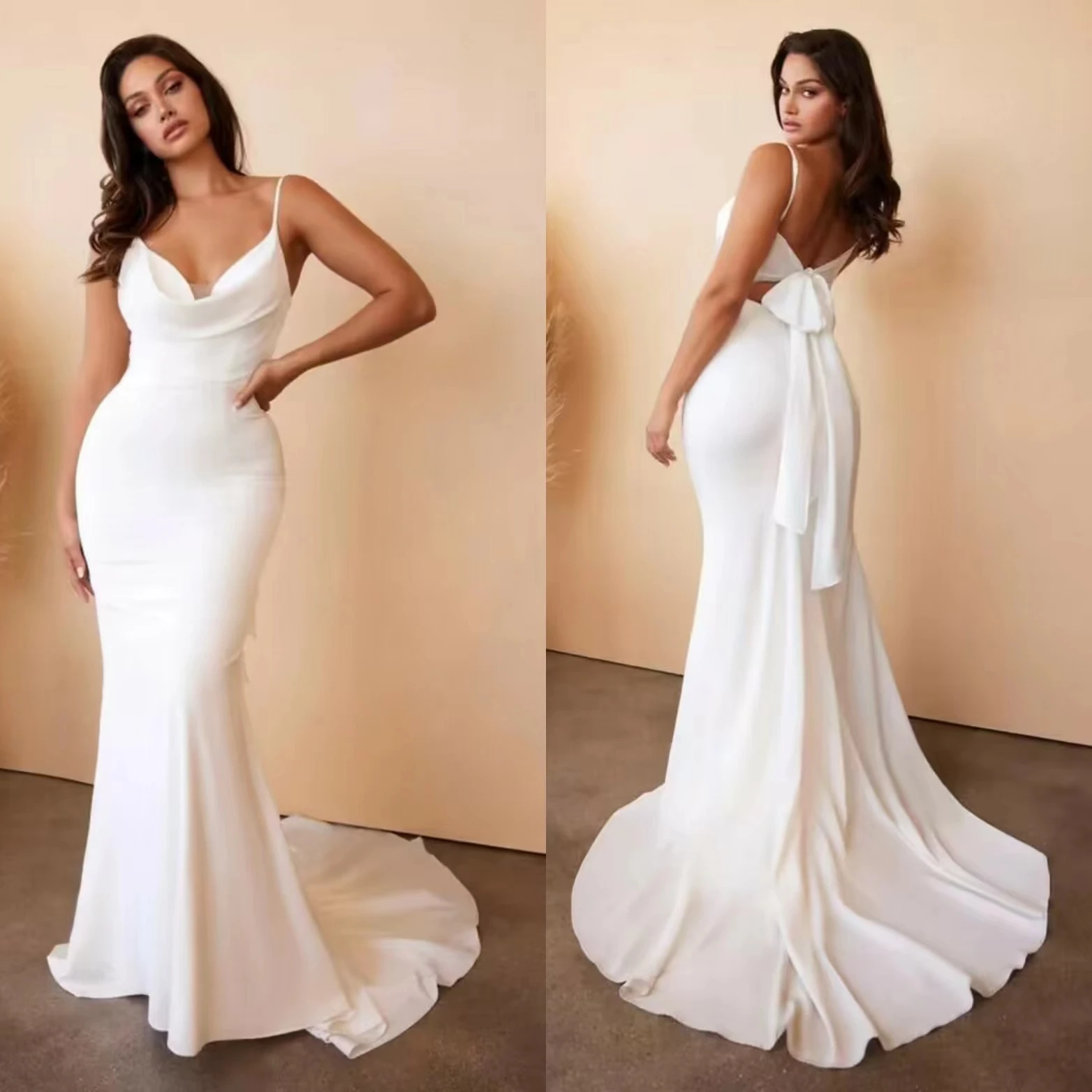 

Elegant Long V-Neck Crepe Wedding Dresses with Sash Mermaid Ivory Spaghetti Zipper Back Sweep Train Bridal Gowns for Women