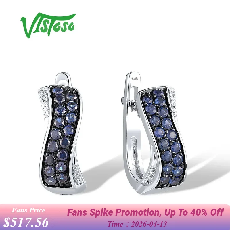 

VISTOSO Real 14K 585 White Gold Clip Earrings For Women Sparkling Diamond Blue Sapphire Elegant Wedding Anniversary Fine Jewelry