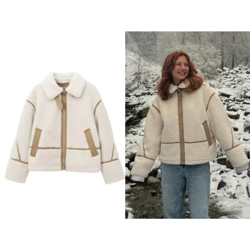 

Женская флисовая двусторонняя куртка, осенняя куртка с длинным рукавом на молнии, простой воротник с лацканами, женские короткие пальто, модные женские топы