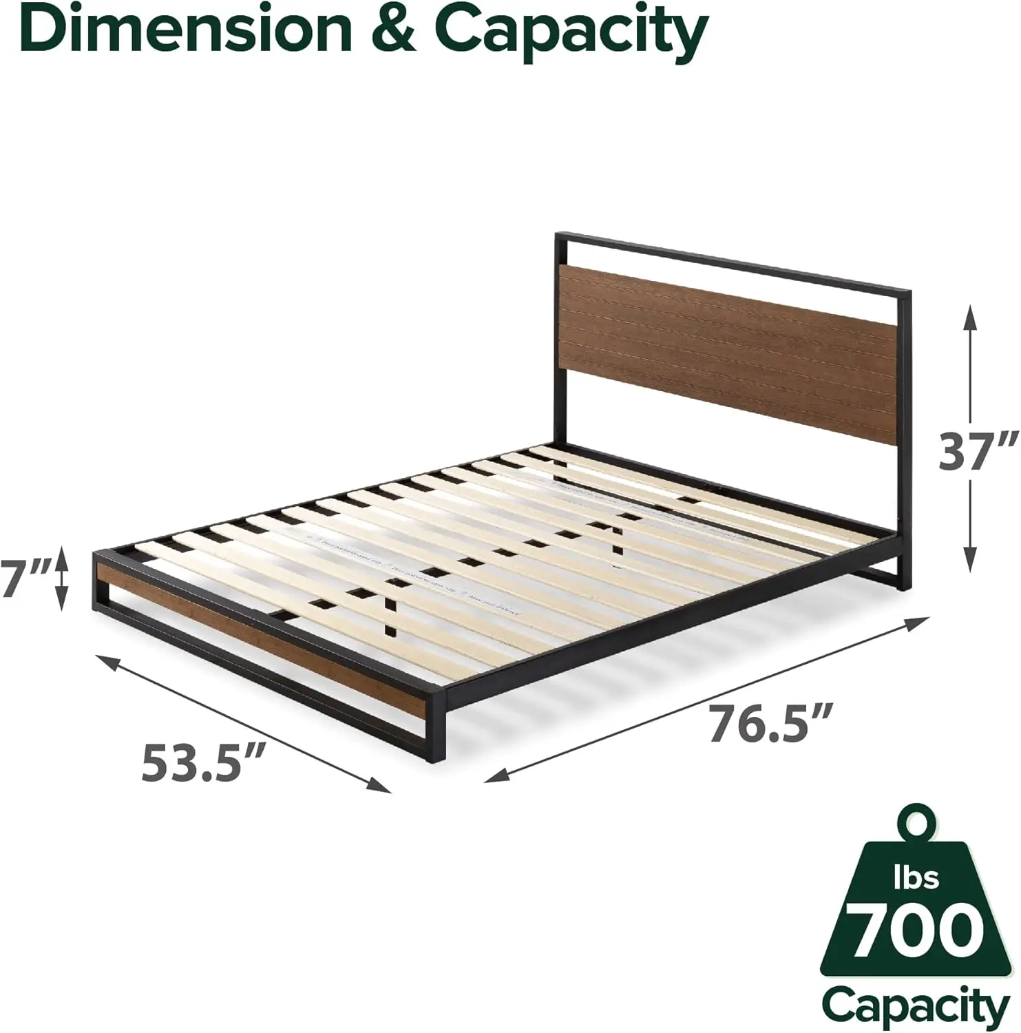 Zinus Suzanne 37 Inch Bamboo And Metal Platform Bed Frame, Solid Steel Construction, No Box Spring Needed, Wood Slat Support,