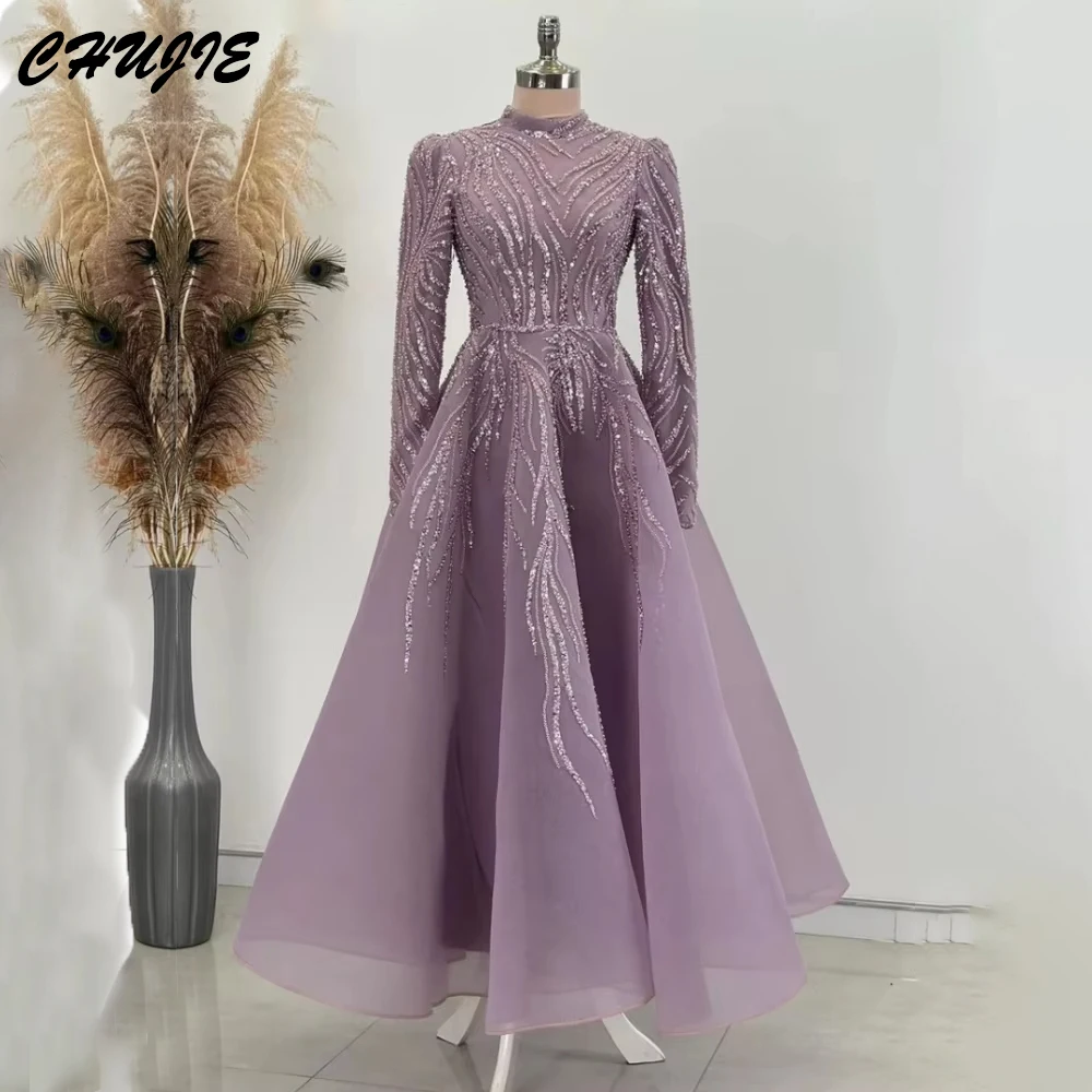 

Customized Sequins Evening Gown Muslim Elegant Formal Dress Gowns HIgh Neck Arabia Sequins Long Sleeve Evening Gown Party Dress
