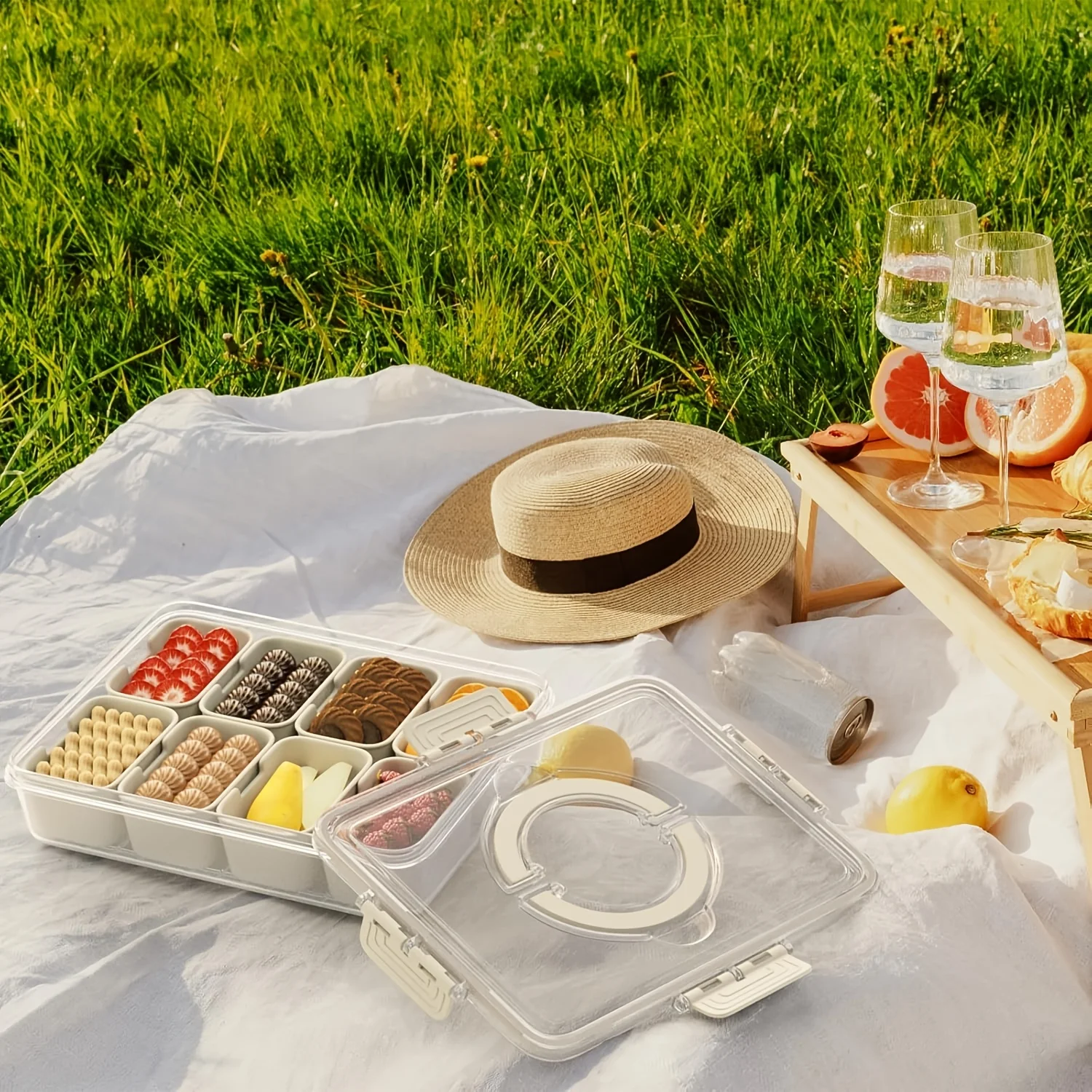 1/2 مجموعة حاوية علب الوجبات الخفيفة، صندوق الوجبات الخفيفة المحمول 8 مقصورات صينية تقديم مقسمة مع غطاء، منظم تخزين شفاف