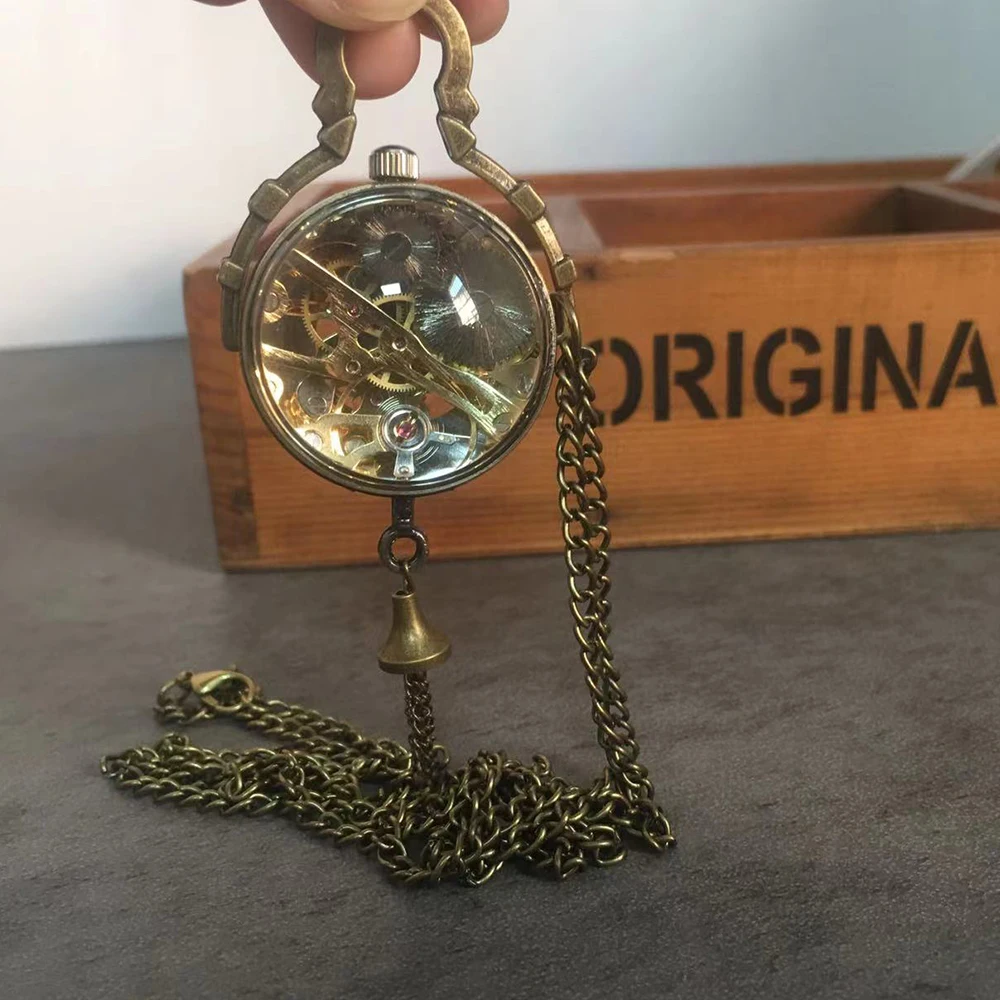 Orologio da tasca meccanico con sfera di vetro trasparente con catena Fob collana con ciondolo con numeri romani orologi da donna collezione da uomo regalo