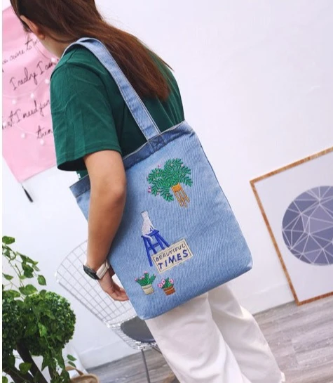 

Простая сумка с вышивкой и принтом, сумка через плечо, квадратная большая вместительная сумка для отдыха и поездок на работу, большая джинсовая сумка с открытым отверстием