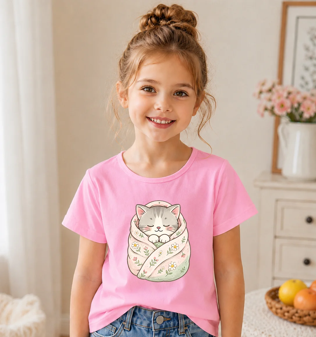 Cute Wrapped Kitten Floral Print Girls T-shirt Soft Cotton Short Sleeve Tops Kids Summer Casual Tees Little Girl Cartoon Cat Clo