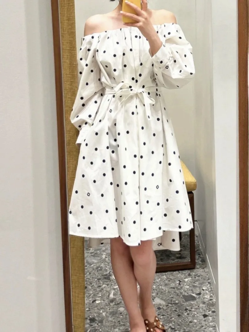 

Women Polka Dot Print Dress Lace-up Slash Neck Long Sleeve Front Short and Back Long Elegant Summer 2024 Mini Robe