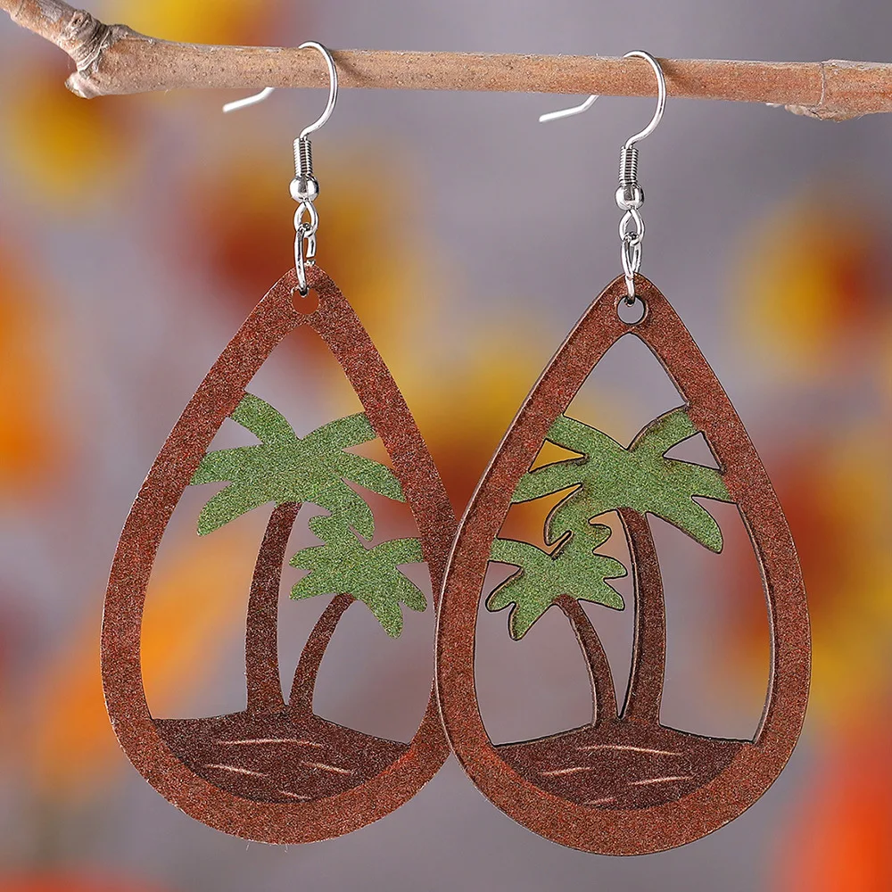 European and American new Hawaiian wind tropical beach coconut tree pendant earrings double-sided wooden water drop
