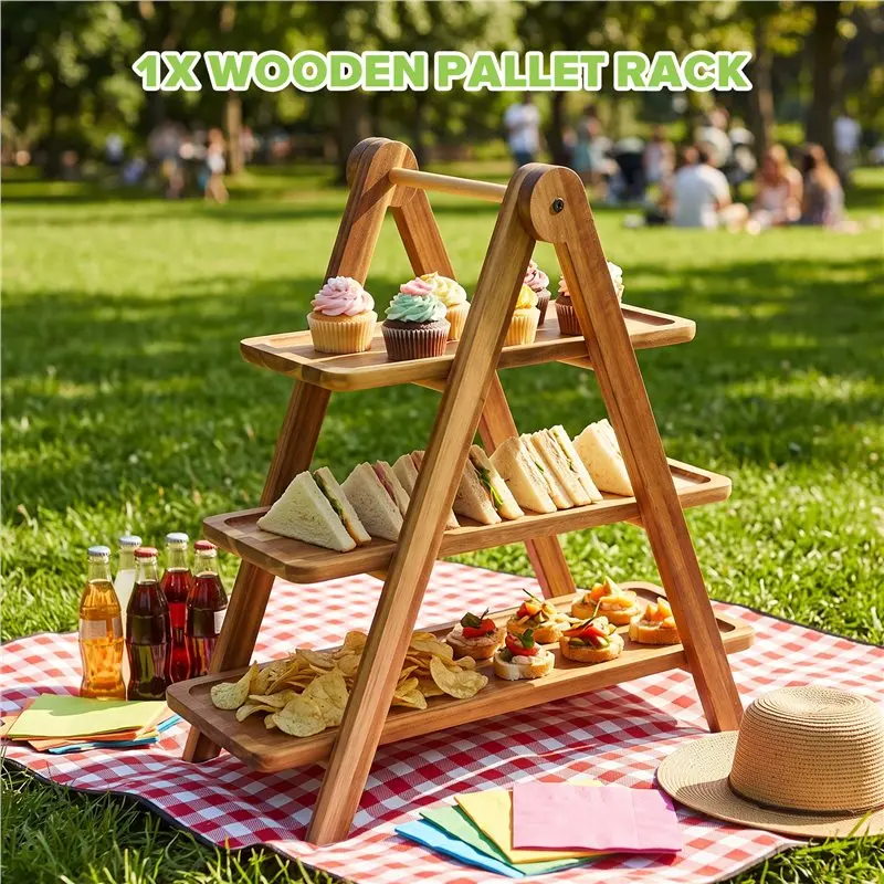 SEWS-Three Tier Wooden Tray Organizer Rack Farmhouse Tiered Cupcake Stand Food Table Decorative Display Set For Wedding Party