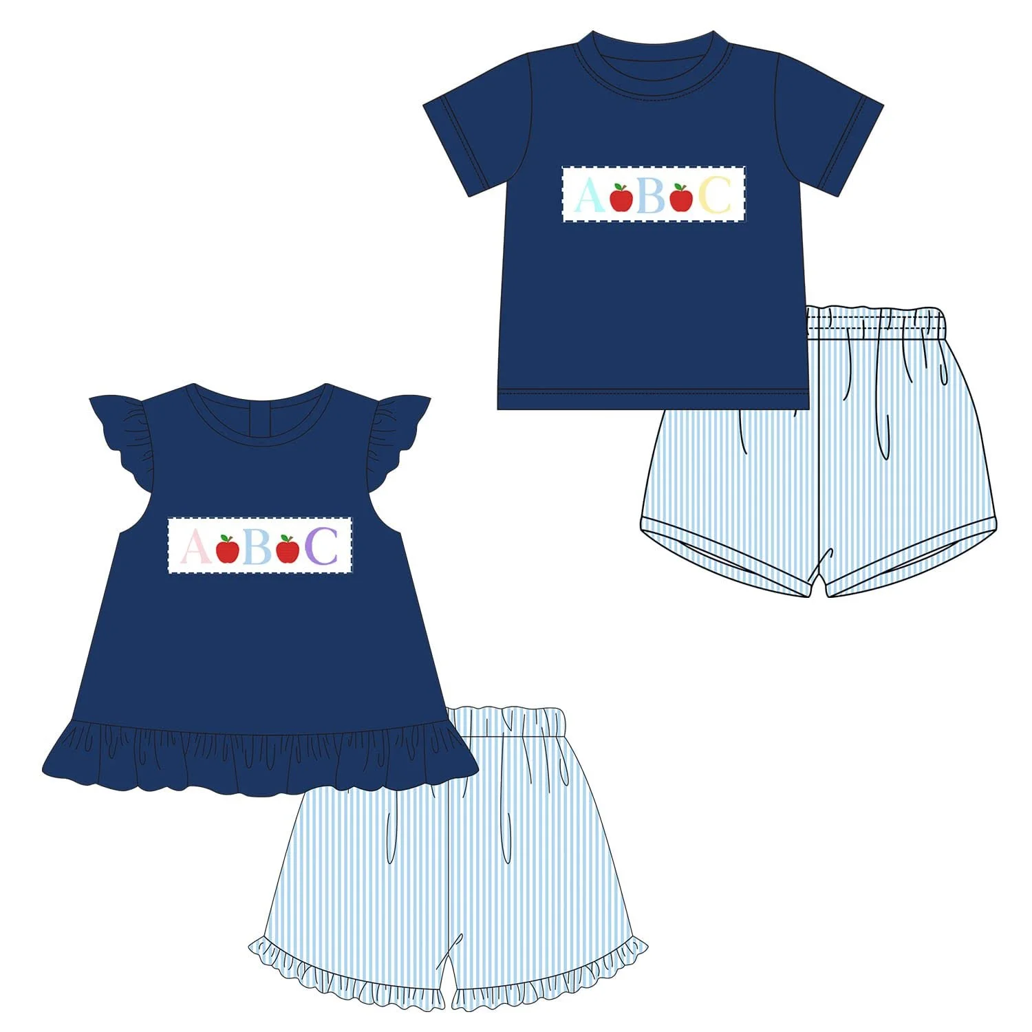 Boutique Children's Clothing Back to School Outfit Apple Pencil Print Flutter Sleeves Girl Set Short Boy Outfit Casual 2 Piece S