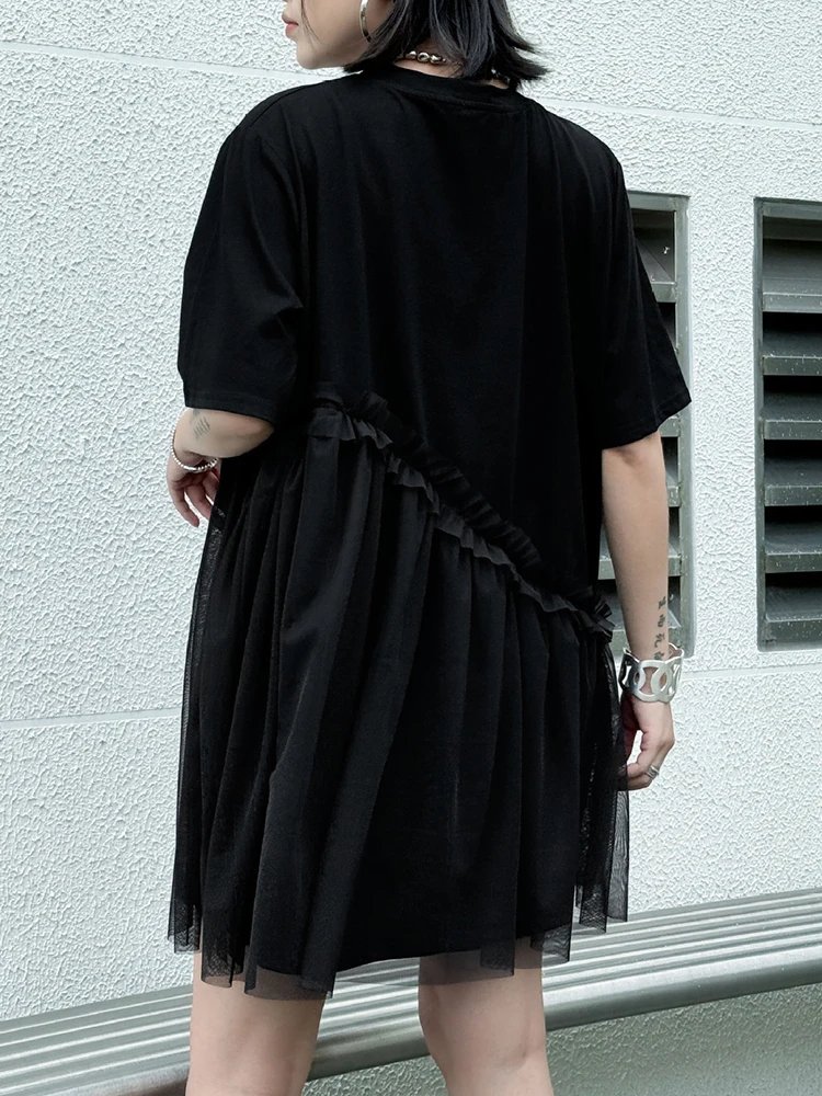 YERMORA 여성 그레이 불규칙한 스플 라이스 메쉬 캐주얼 티셔츠 드레스 라운드 넥 반팔 루즈 패션 조수 봄 여름 2025