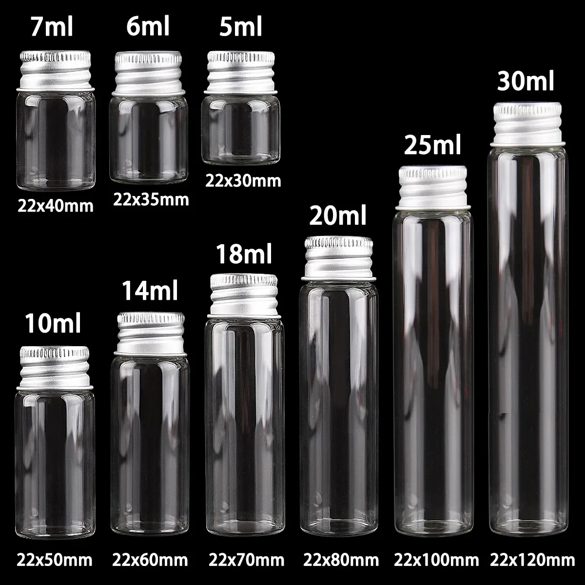 

10 pieces 5ml/6ml/7ml/10ml/14ml/18ml/20ml/25ml/30ml Glass Bottles with Aluminium Lids Small Mini Glass Jars 9 Sizes U-pick