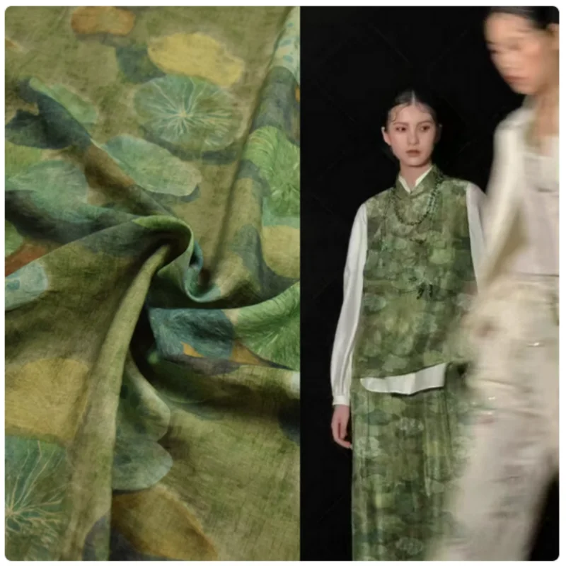 Ancient Customs Lotus Leaf Print Sky Silk Cotton Fabric, Summer Dress, Cheongsam, Pants, Pajamas Han Cloth Sewing Tissue, T2311