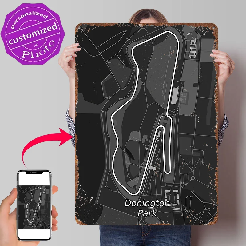 Donington Park Race Track Map 3D Texture Metal Poster Customized Wall Art Tin Sign Gift for Mancave Bedroom Decorations Man Cave
