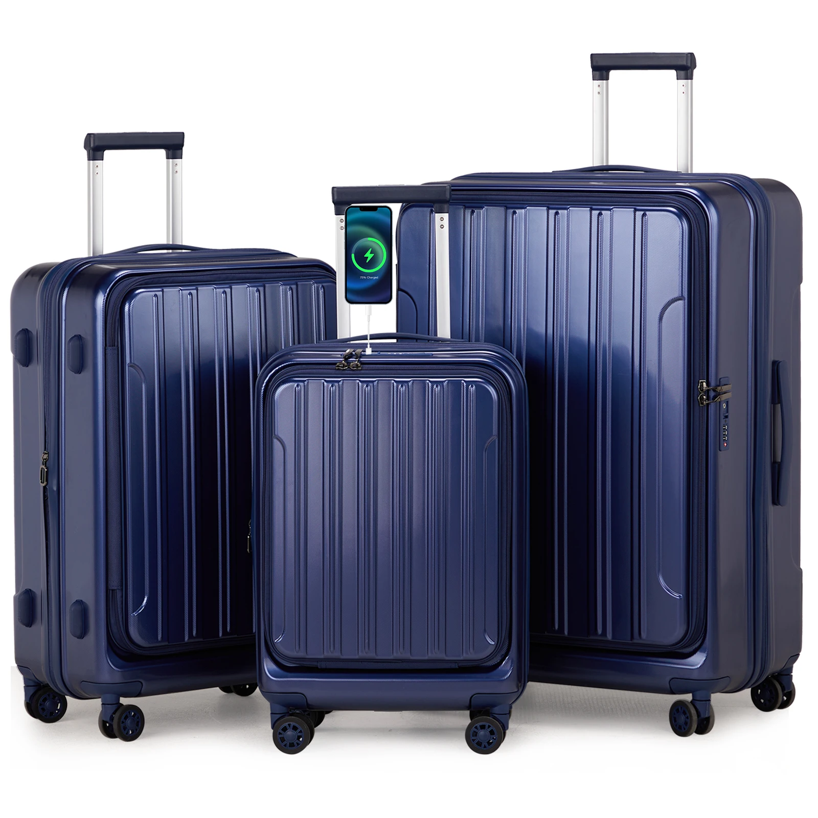 Luggage Sets 3 Piece, ABS+PC Front Open Hardshell Lightweight Luggages,Suitcase Set with TSA Lock (20/24/28, Navy Blue)