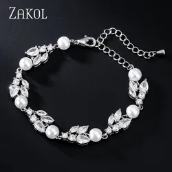 ZAKOL Luxury Elegant Leaf Water Drop AAA Cubic Zirconia Bracelets for Women White Imitation Pearls Wedding Jewelry Bijoux