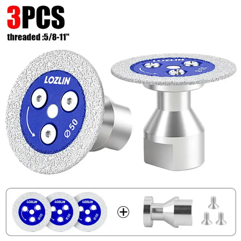 LOZLIN 3PCS 50mm Diamond Mini Saw Blade 2 Inch 5/8-11 Thread Engraving Cutting Disc with Removable Flange for Granite Marble Tile Concrete Stone Carving Lettering