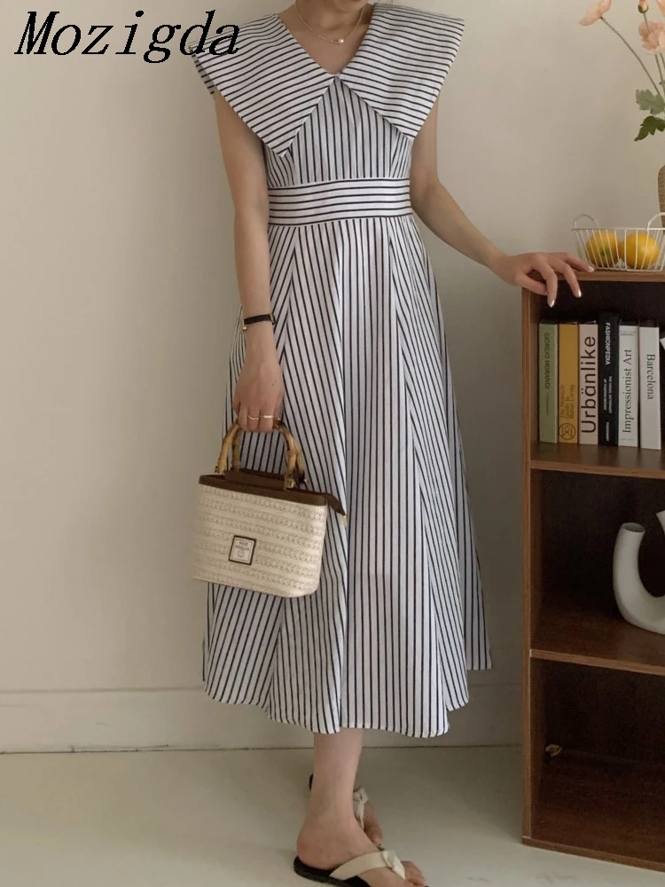 Summer Striped Print Sleeveless V-Neck Midi Dress Women Slim Waist Fashion Ladies Dresses Ruffle Pleated Korea Style Woman Dress