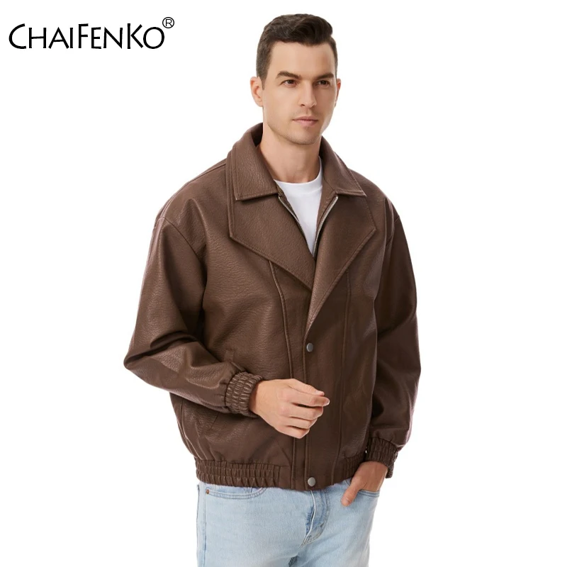 New Men Fashion Casual Lapel Leather Jacket Outdoors Loose Simplicity Comfort Coat Spring Autumn Windproof Solid Versatile Tops