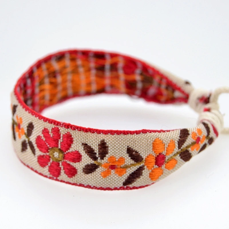 Boho Strawberry Flower Embroidered Woven Bracelet Friendship Wrap Bracelet