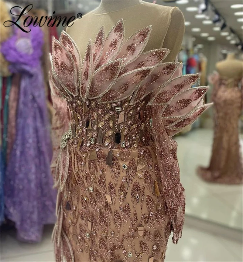 Luxury Crystal Beaded Long Prom Dress Split Side Evening Gowns 2024 Custom Made Long Sleeves Women Mermaid Plus Size Party Dress