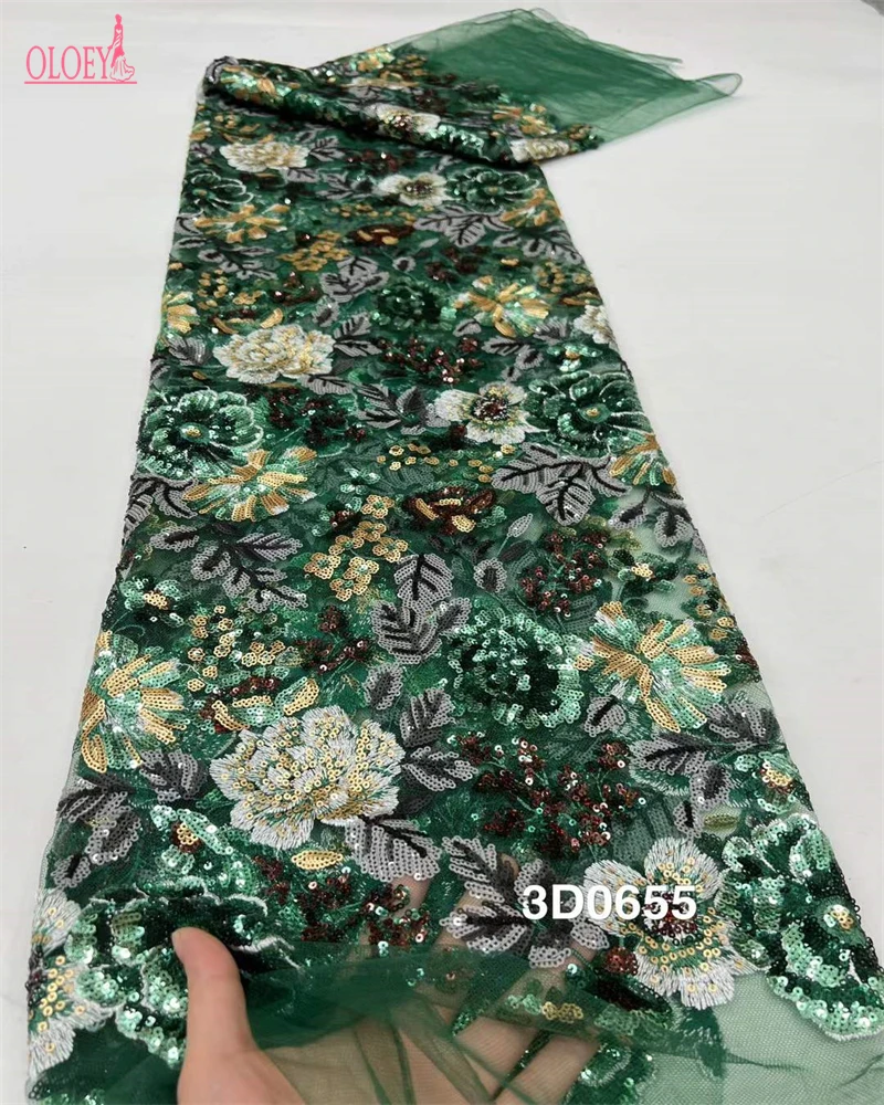 Fashion Elegant French Embroidery Beaded Lace Fabric African Nigerian With Sequins Fabric For Wedding Dress