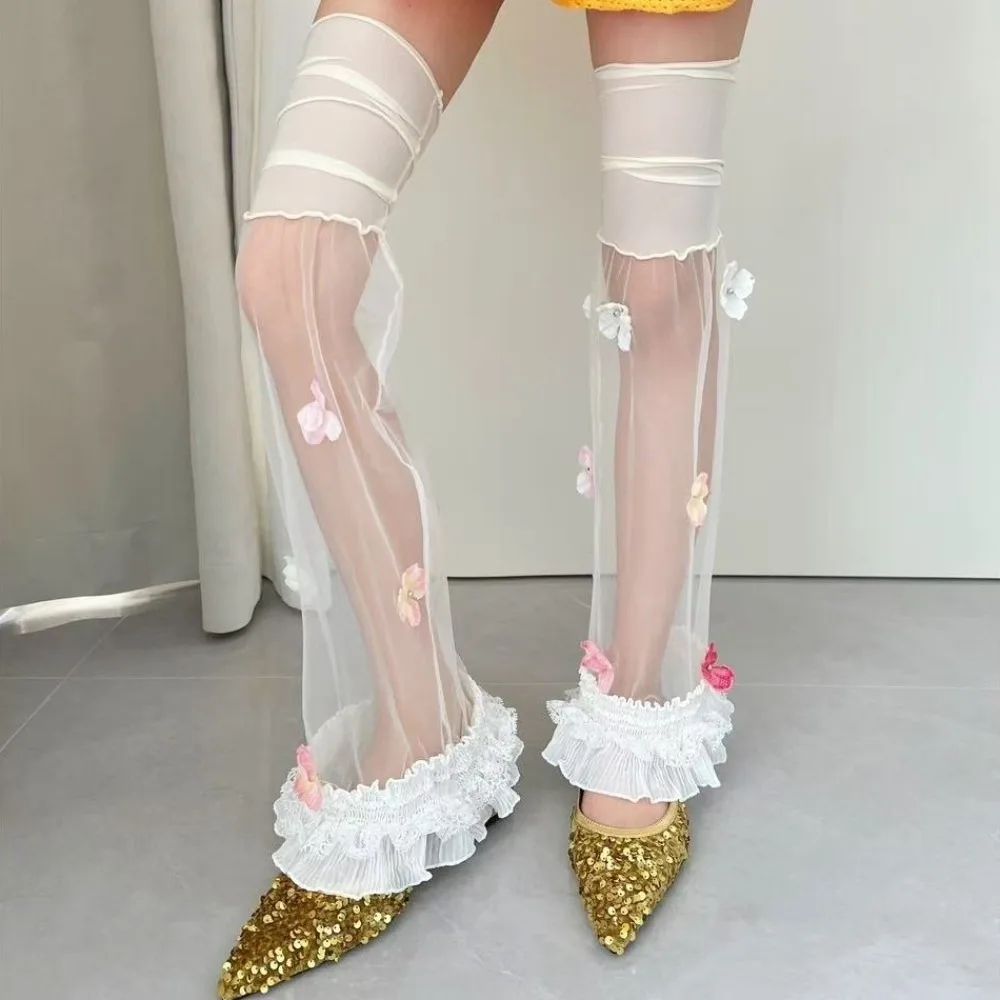Flower Lace Mesh Splicing Leg Sleeves Harajuku Kawaii Layered Ruffle Boot Cover Cuffs Lolita JK Y2K Sheer Leg Warmers