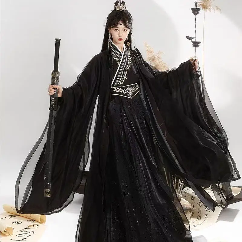 

Cool Black Hanfu Men Women Traditional Chinese Clothing Weijin Period Embroidery Suits Halloween Event Wuxia Cosplay Costume Han