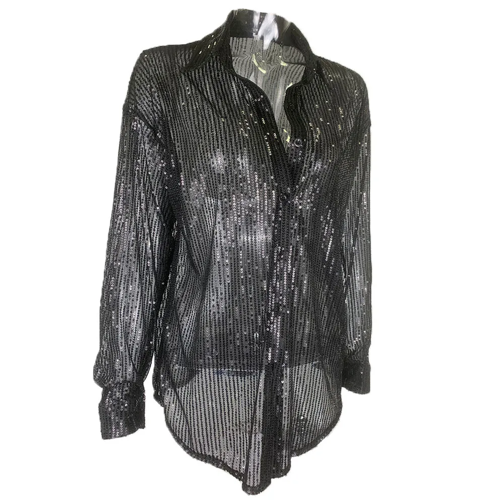 Women Shiny Sequin Shirt Fashion OL Turn Down Collar Single Breasted Loose Shirt For Summer Female Blouse Shirt