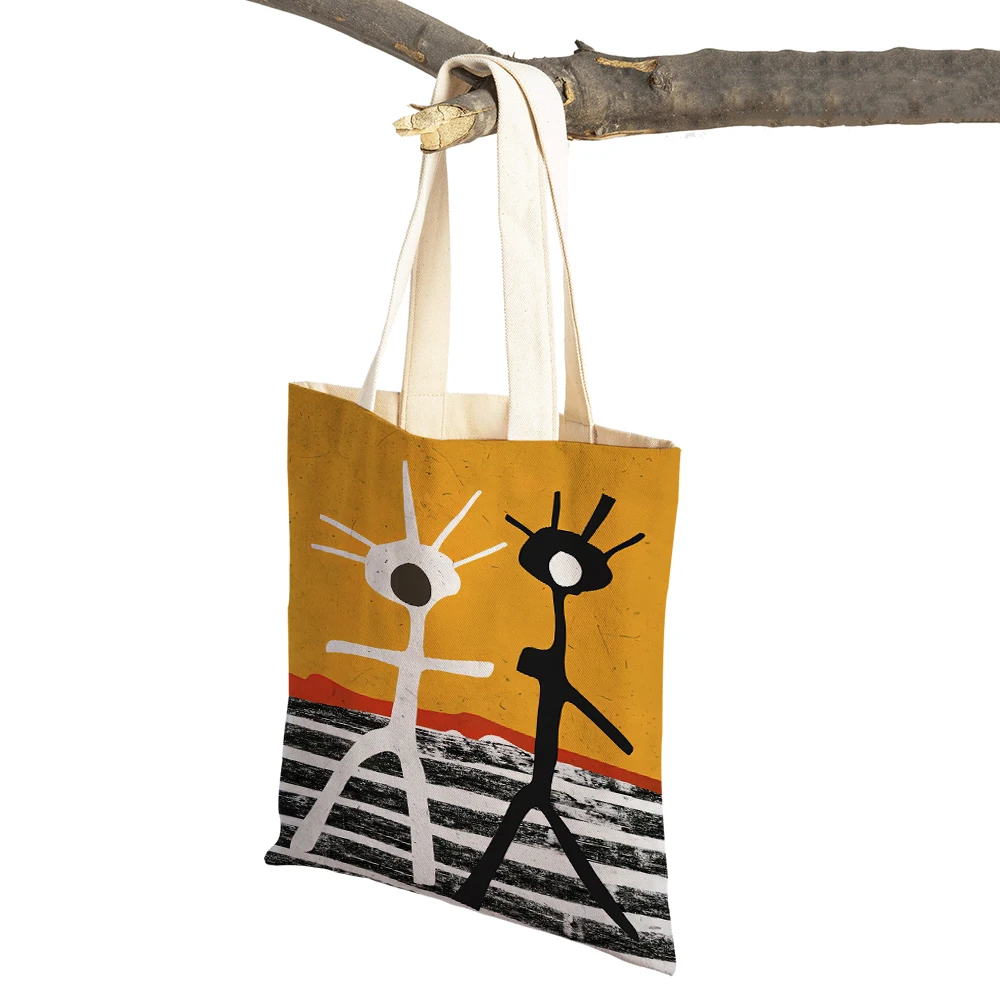 Vintage Art Shopper Bag Abstract Minimalist Color Block Girl Tree Women Shopping Bags Double Print Casual Canvas Handbag