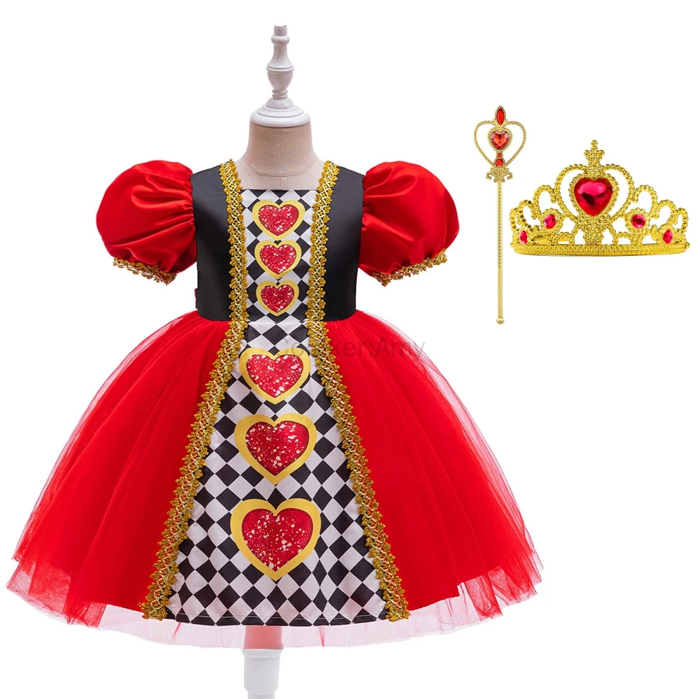 

Red Hearts Girls Costume Queen Dress Halloween Costumes Kids Girls with Crown