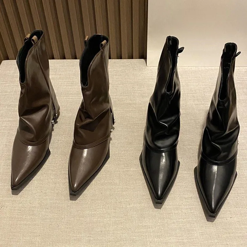 Solid Color Chelsea Boots For Women Mid Heel Pointed Toe Black Knight Boots Cool Female Shoes All-matching Designer Brand Shoes