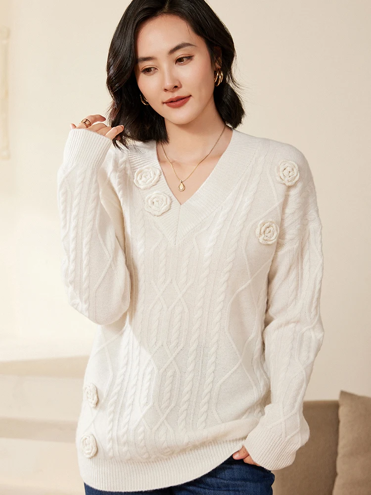 

Light Luxury Autumn Winter Women Sweater 100% Merino Wool Ladies Knitted Pullover Long Sleeve V-Neck Clothing Tops Soft Jerseys