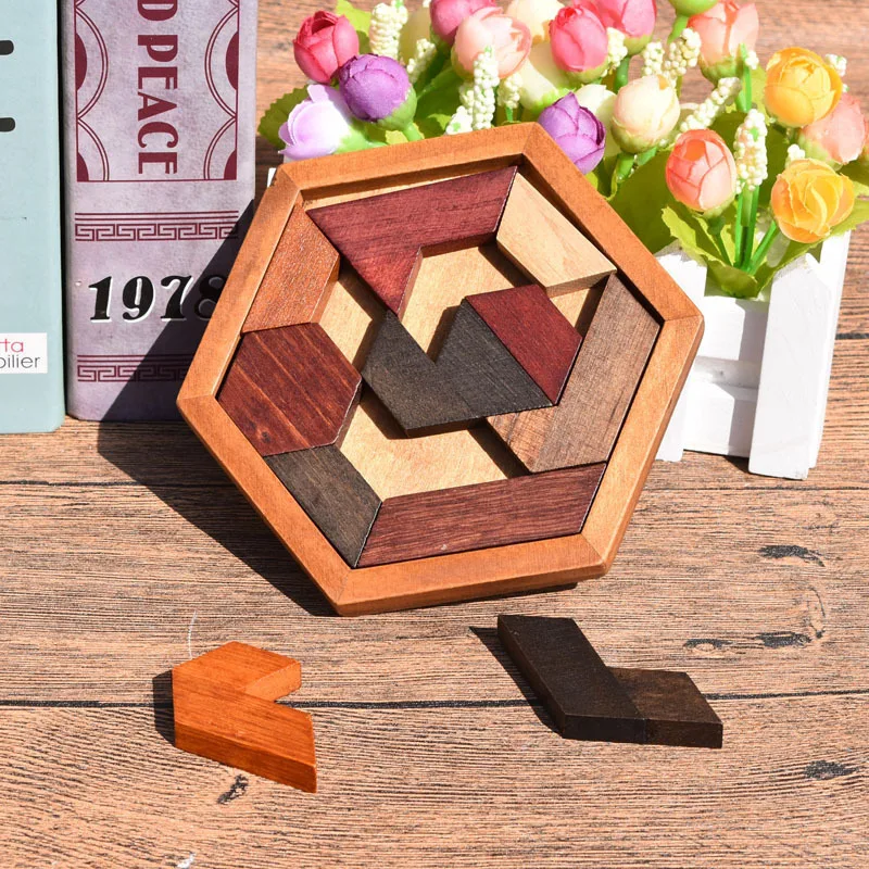 Hexagonal Wooden Puzzles IQ Game Educational Toys For Children Kids Adults Tangram Board IQ Brain Teaser Montessori Toys Gifts